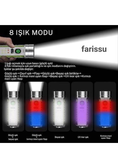 Gold Orion Or-520a Zoomlu Şarjlı El Feneri 50w Zoom Gücü 8 Mod Manyetik Tip-c Şarj Yeşil