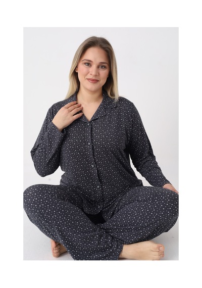 Estiva Kadın Yıldız Desenli Lacivert Önden Düğmeli Soft Battal Pijama Takımı Çok renkli