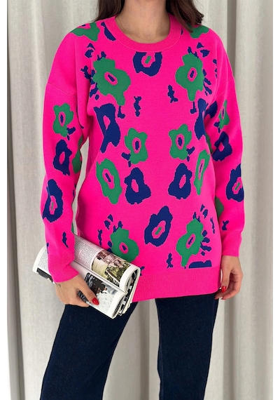 Bisiklet Yaka Uzun Kollu Çiçek Desenli Oversize Triko Kazak Pembe Pembe