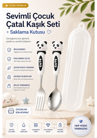 Siyah-beyaz Renk Tavşan Figürlü Premium Çocuk Bpa Free Paslanmaz Çelik Uçlu Çatal-kaşık Set 24+ Ay