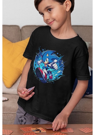 Sevbano Süper Sonic Baskılı Unisex Çizgi Film Çocuk Tişört 1-12 Yaş SIYAH