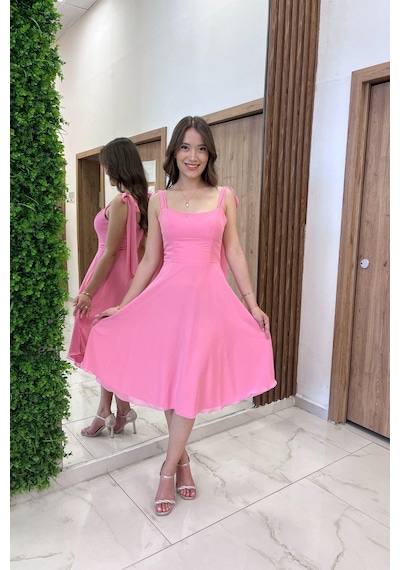 By Saygı Kadın Omuzu Bağcıklı Astarlı Kısa Elbise-41320 Şeker Pembe