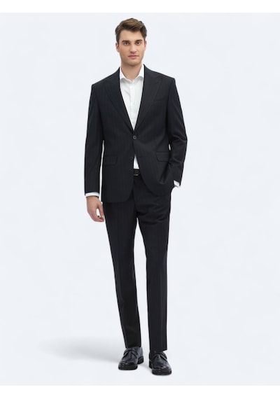 Kip Siyah Çizgili Modern Fit Yün Karışımlı Takım Elbise Siyah