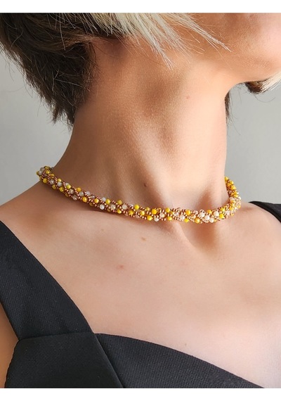 Etnik Bohem Sarmal Dönmeli Model Kristal Sarı Kristal Boncuk Kolye Sarı