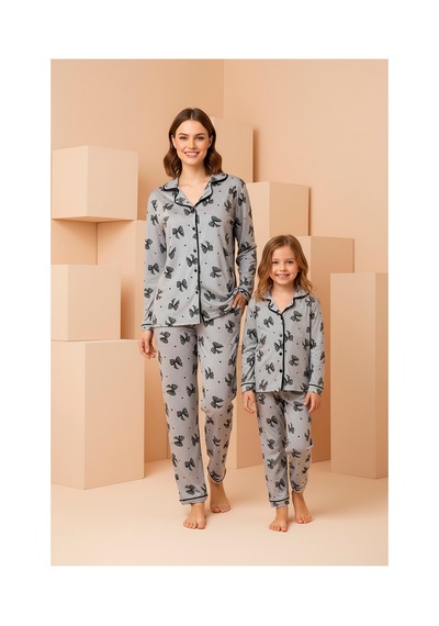 Rindahomewear Anne-kız Gri Fiyonk Desenli Düğmeli Örme Uzun Kollu Pijama Takımı Gri