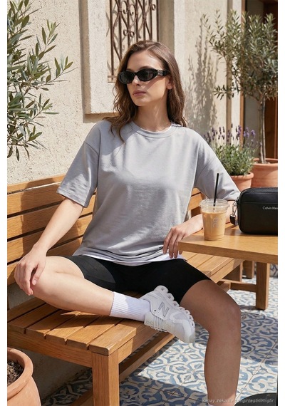 Lela Streç Oversize Fit Bisiklet Yaka Bayan T Shirt 5865911 Gri