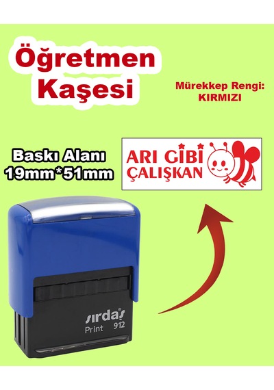 Öğretmen Kaşesi - Arı Gibi Çalışkan, 912 51mm 19mm Kırmızı Keçeli Otomatik Kaşe