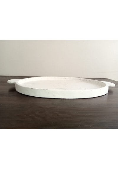 Orion Serisi Büyük Boy Kulplu Eskitme Beyaz El Yapımı Kırılmaz Sunum Tepsisi 33x53 Cm