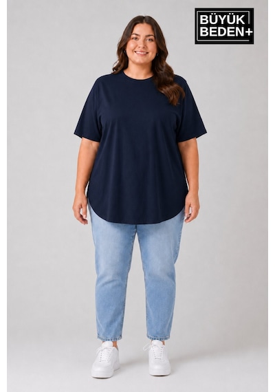 Superlife Süperlife Büyük Beden Kadın Bisiklet Yaka Basic Oval Etek Detalylı 3xl-6xl Uzun Tunik Spr26btsk502 Lacivert