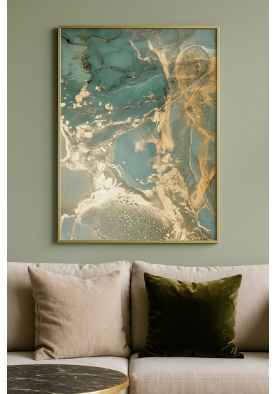 Yeşil Rüya Green Abstract Modern Tablo - Gerçek Cama Baskı Gold Alüminyum Metal Çerçeveli