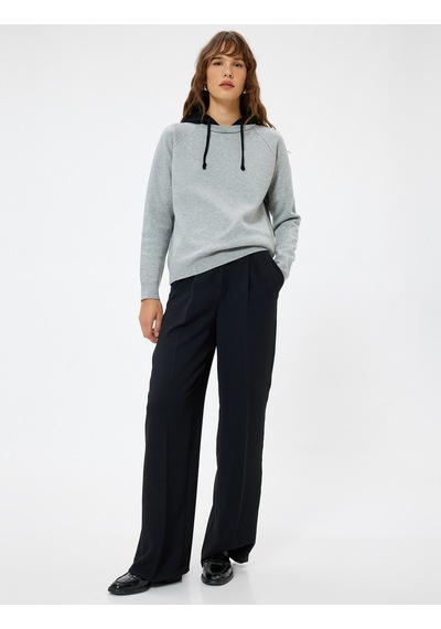 Koton Kapşonlu Triko Sweatshirt Kazak Renk Kontrastlı Gri 5wak90241ht Gri