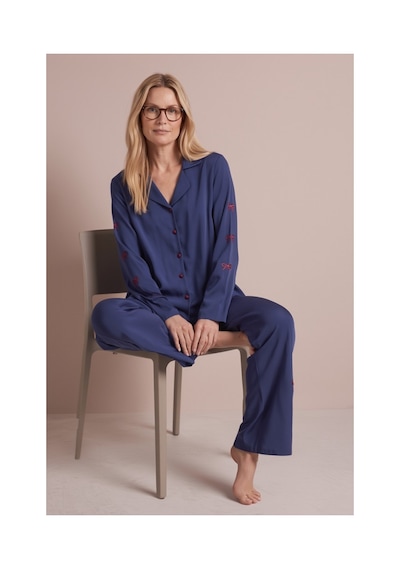 Laperissa Lacivert Kurdele/fiyonk Nakış Detaylı Viskon Dokuma Pijama Takımı