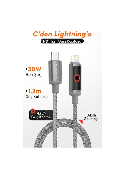 Fulltech Fc153 Type-c To Lightning Pd 30w Hızlı Şarj Kablosu 1.2m İphone Uyumlu, 480mbps Veri Tran