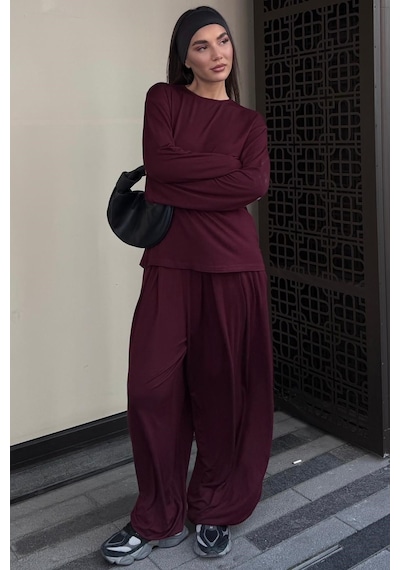 Madmext Bordo Likralı Modal Şalvar Takım Mg2784