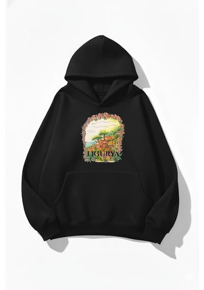 Uyguntarz Unisex Yumuşak Dokulu Italy Ligurya Baskılı Tasarım Oversize 3 İplik Hoodie Sweatshirt siyah