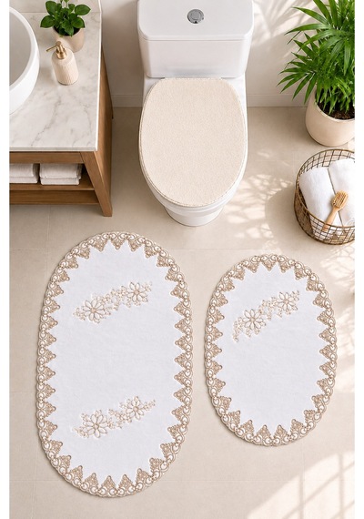 3lü Set Gold-gümüş Fransız Dantelli Lüks Banyo Paspası Kaymaz Tabanlı Çeyizlik Banyo Paspas Seti Lau Gold-Beyaz