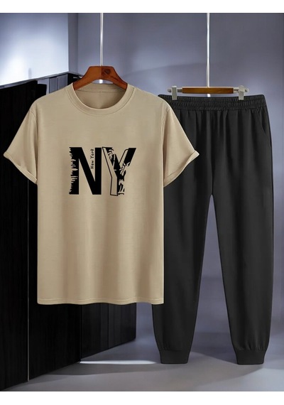 Uyguntarz Unisex New York Baskılı Eşofman Takımı Bej