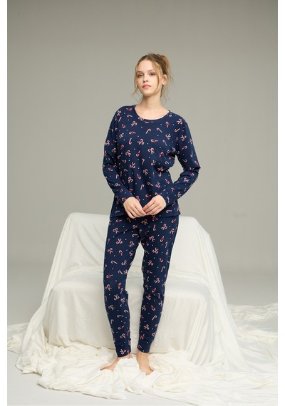 Siyah İnci Şeker Desenli Örme Pamuklu Pijama Takım25240239 Lacivert