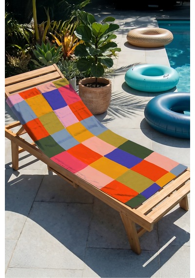 Renk Bloklu Geometrik Plaj Havlusu - Soyut Akdeniz Stil Çok Renkli Hızlı Kuruyan Mikrofiber Havlu Keten Zeytin