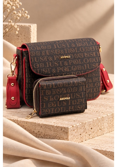 Just Polo Kahve Kirmizi Yeni Sezon Kolon Askili 4 Bolmeli Kadin Omuz Cantasi 25x15cm Kahve - Kırmızı
