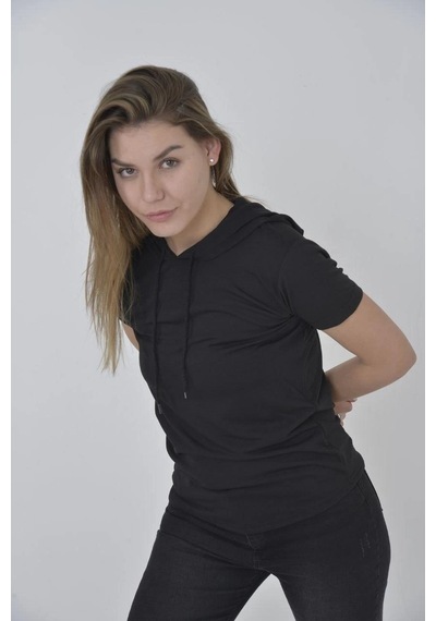 Kapşonlu Slim Fit T-shirt - Siyah - Siyah