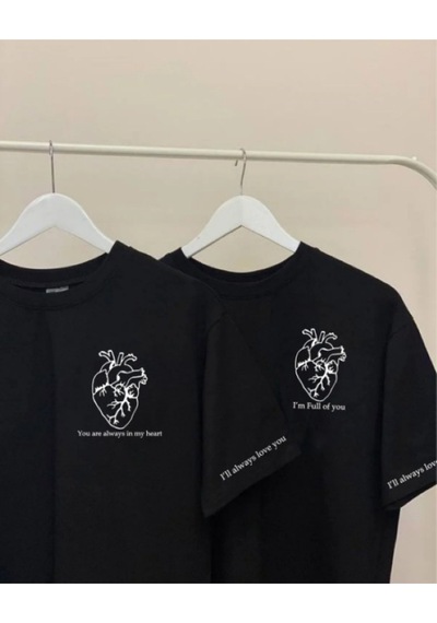 Noıssey Siyah 2 Li Siyah Unisex Çift Sevgili Kombin Kalp Kol Baskılı Bisiklet Yaka