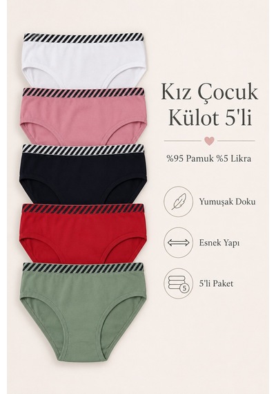 Nicoletta Kız Çocuk Külot 5 Li Paket Pamuklu Likralı Çok Renkli