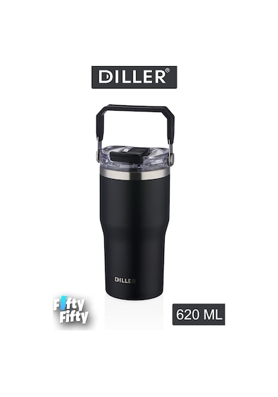 Dıller 620 Ml Tek Kapak Çift Kullanım Pipetli/pipetsiz Taşıma Kulplu Mug/çelik Termos-ffdıllerd9168 Siyah