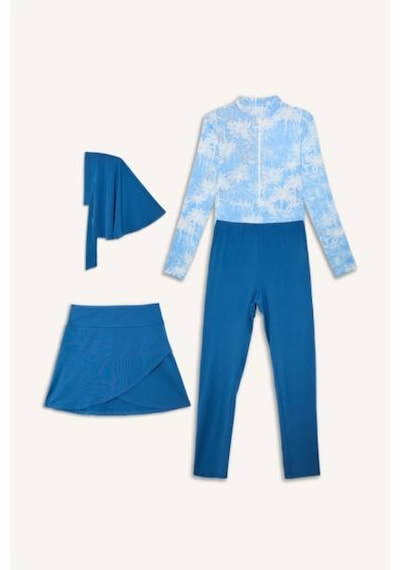 Defacto Regular Fıt Palmiye Desenli 4lü Burkini Mayo G7444ax26hsbe376 Mavi-be376