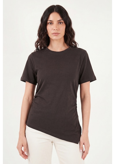 Lela Pamuklu Yanı Büzgülü Asimetrik Kesim Bisiklet Yaka T Shirt Bayan T Shirt 5867017 Kahve