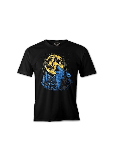 Wolf Howling İn A Blue Forest With A Golden Moon Siyah Erkek Tshirt 001