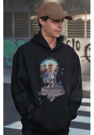Sevbano Tasarım Stranger Things Baskılı Unisex Oversize Dizi Film Hoodie Siyah