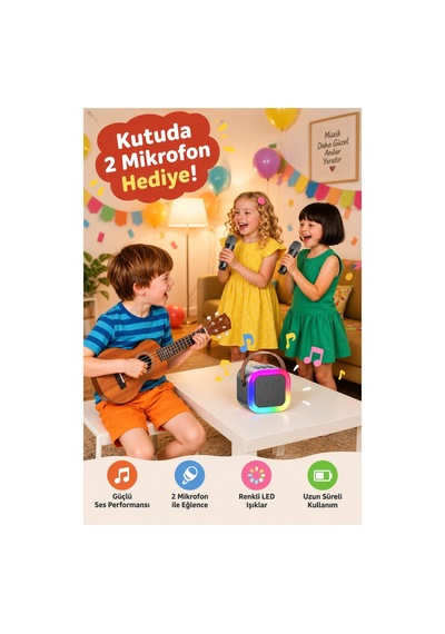 Robeve Blic 2 Mikrofonlu Çocuk Karaoke Hoparlör Ve Bluetooth Hoparlör Led Işıklı Mini Karaoke Seti, 6 Farklı Ses Efekti, Uzun Pil Ömrü, Taşınabilir Çocuk Mikrofonu Ve Çocuk Müzik Aleti Siyah
