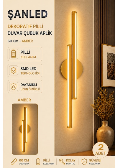 Dekoratif 20w İç Mekan Gold Kasa Amber Işık 60 Cm Duvar Aplik Pilli 2 Adet