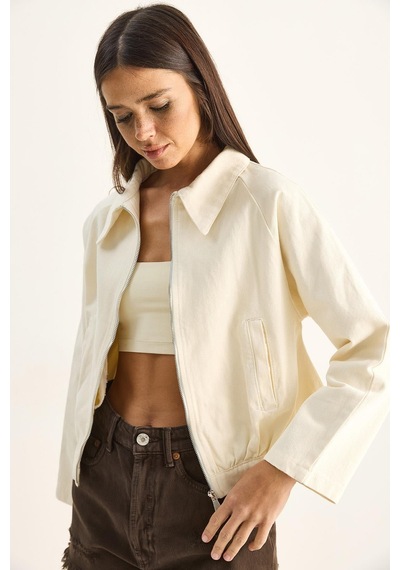 Shade Kadın Fermuarlı Cep Detaylı Mevsimlik Denim Bomber Ceket 60282056 - Krem