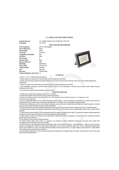 200w Led Projektör Sarı Işık