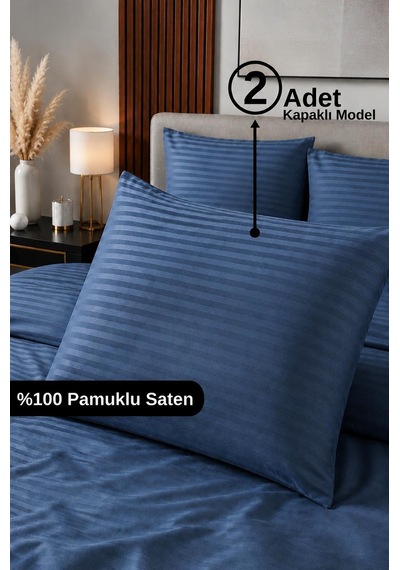 %100 Pamuk Saten Çizgili Kapaklı Yastık Kılıfı 2'li Lüx Otel Kalitesi 50x70 Lacivert