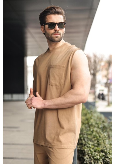 Madmext Kapuçino Bisiklet Yaka Kolsuz Erkek Şort T-shirt Takım E7351 Kapuçino