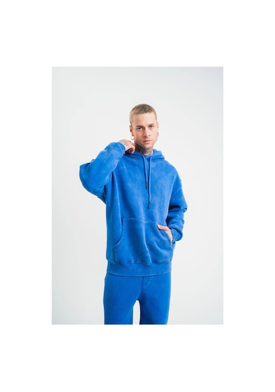 Erkek 3 İplik Pamuklu Oversize Kapüşonlu Yıkamalı Hoodie Sweatshirt - Mavi