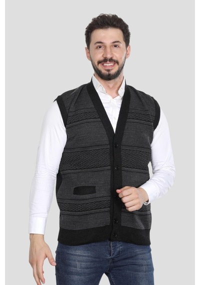 Kzc Tekstil Erkek Baba Orta Yaş Ve Üzeri Triko Örgü Akrilik Kışlık Kalın Dokulu Düğmeli Cepli Baba Yelek Antrasit