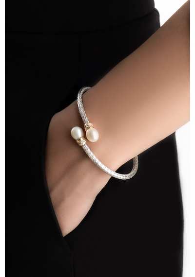 So Chic İtalyan Grace 18 Ayar Beyaz Altın Kaplama Gümüş Kelepçe Bileklik Beyaz