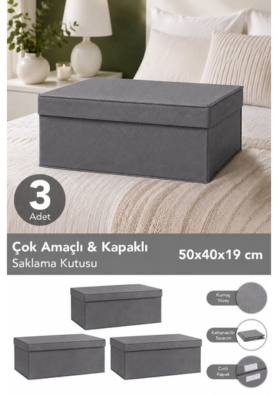 3'lü Organizer Baza Hurç Seti - Çok Amaçlı Kapaklı Saklama Kutusu 50x40x19cm Antrasit