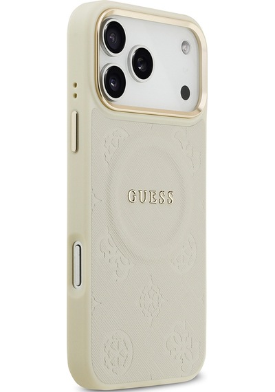 Apple Uyumlu iPhone 17 Pro Max  Kılıf Guess Lisanslı M-safeli Sıcak Baskı Yazı Logo Pu Deri Peony Kapak Bej Bej