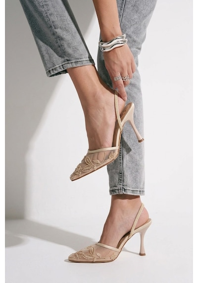 Fox Shoes Y752276315 Bej File Boncuk İşlemeli İnce Topuklu Kadın Ayakkabı