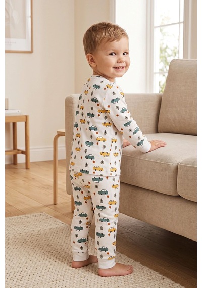 Zuzunga Araba Desenli %100 Pamuk Süprem Kumaş Erkek Bebek - Çocuk Pijama Takımı BEYAZ