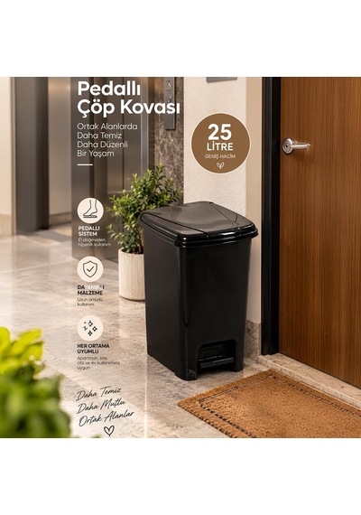 0131-1 Slim Pedallı Çöp Kovası 25 Lt Siyah Taşıma Kulplu İç Kovalı, Mutfak Ve Banyo İçin İnce Çöp Kovası