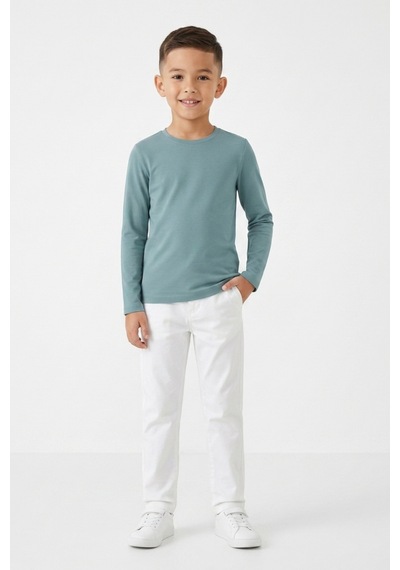 Kiagu Erkek Çocuk Uzun Kollu Basic Düz Tişört %100 Pamuk Bisiklet Yaka T-shirt 2-13 Yaş Turkuaz