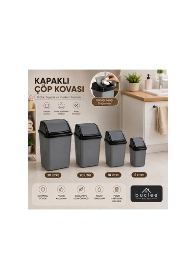 Sallanır Kapaklı Çöp Kovası Gri Mutfak Banyo Ofis Çöp Kutusu 5l - 10l - 20l - 30l Gri - 914200115 Gri