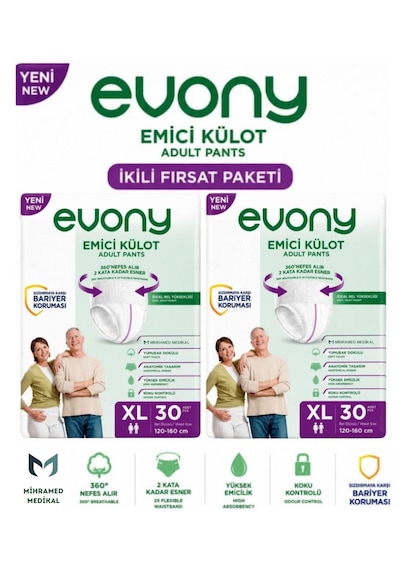 Evony Emici Külot Yetişkin Hasta Bezi Xl 30 Lu 2 Paket