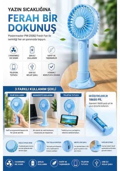 3 Fonksiyonlu Telefon Tutuculu Taşınabilir El Ve Masaüstü Vantilatör Şarjlı 3 Kademeli Mini Fan Usb